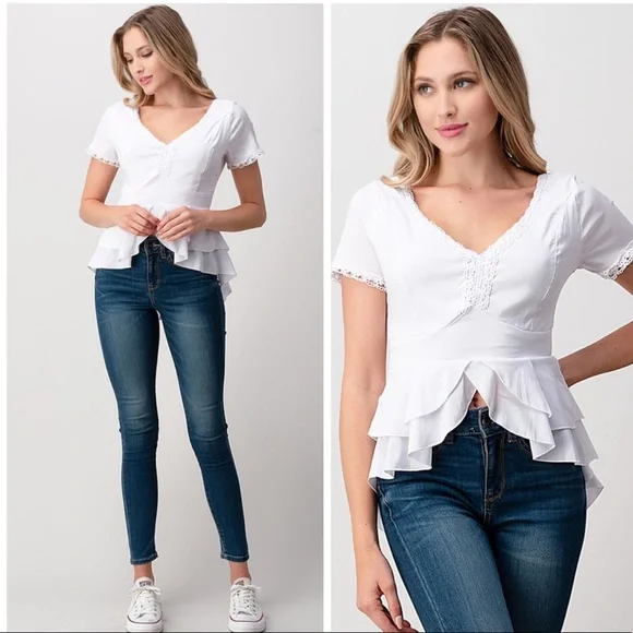 Peplum White Short Sleeve Blouse - Picture 4 of 5